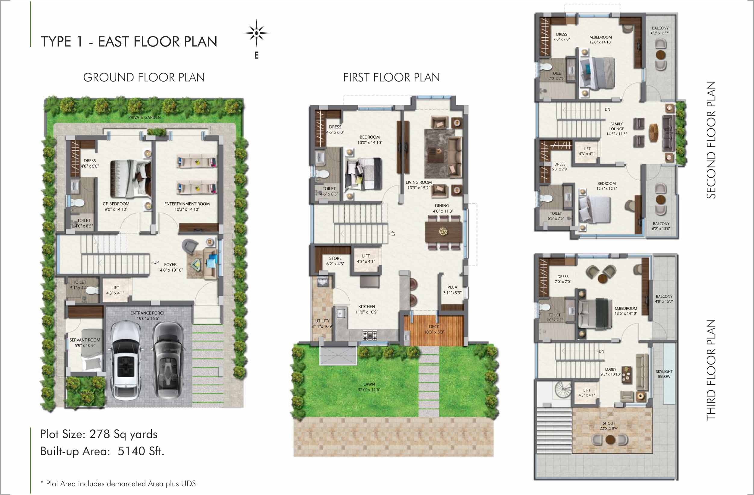 Aditi Urban Ville Tellapur 4 BHK villa floor plan – 278 sq yd east-facing plot (Type 1)