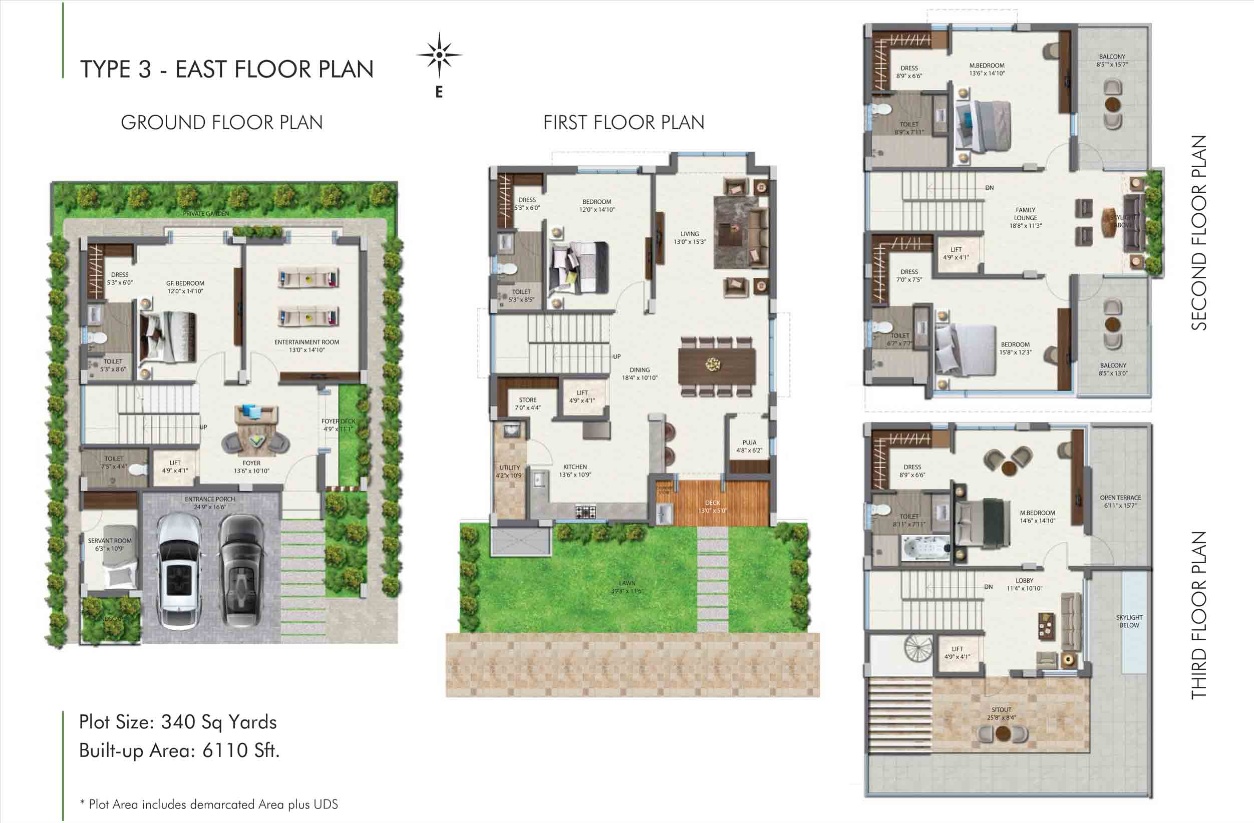 Aditi Urban Ville Tellapur 4 BHK villa floor plan – 340 sq yd east-facing plot (Type 3)