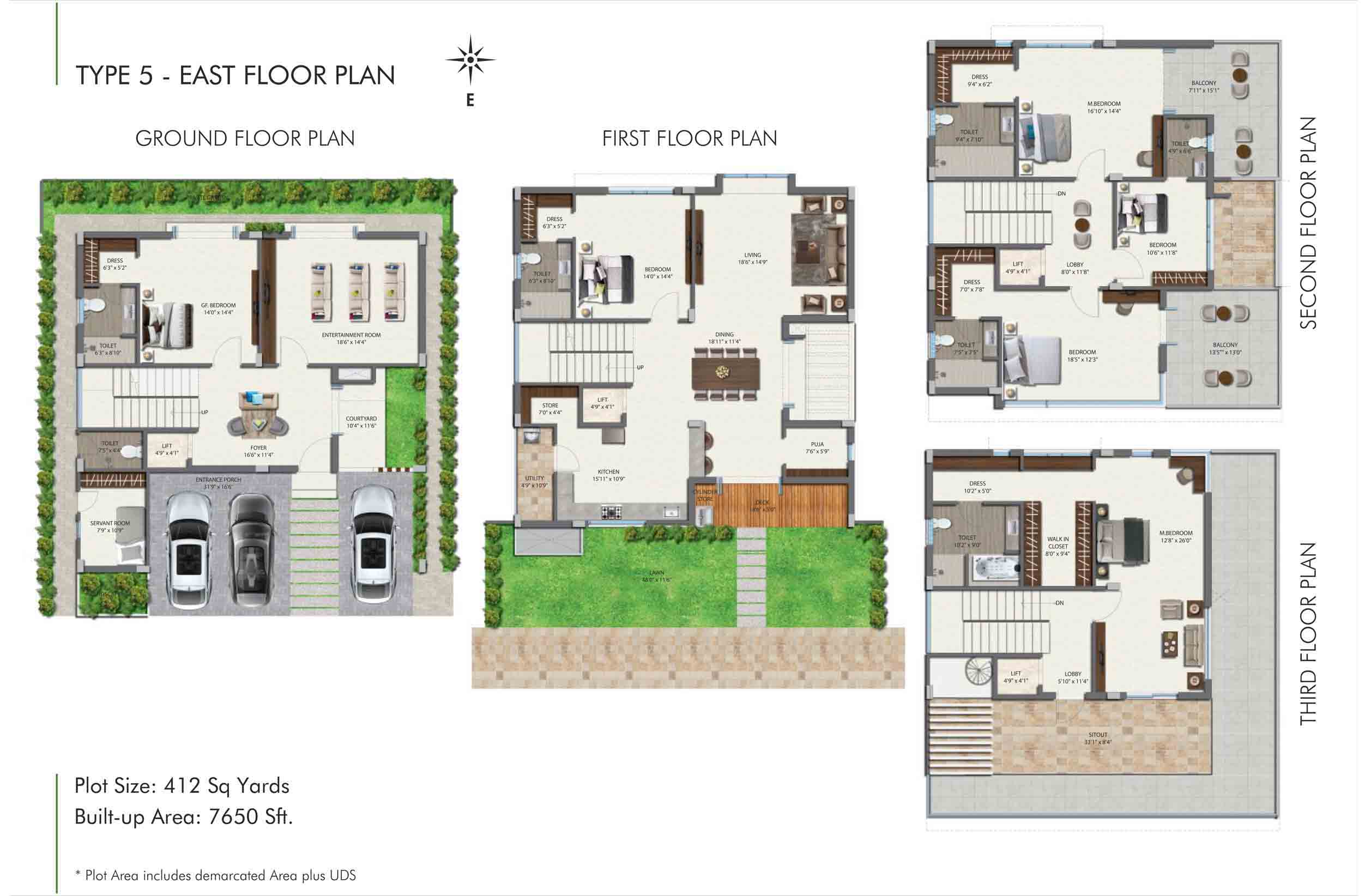 Aditi Urban Ville Tellapur 4 BHK villa floor plan – 412 sq yd east-facing plot (Type 5)