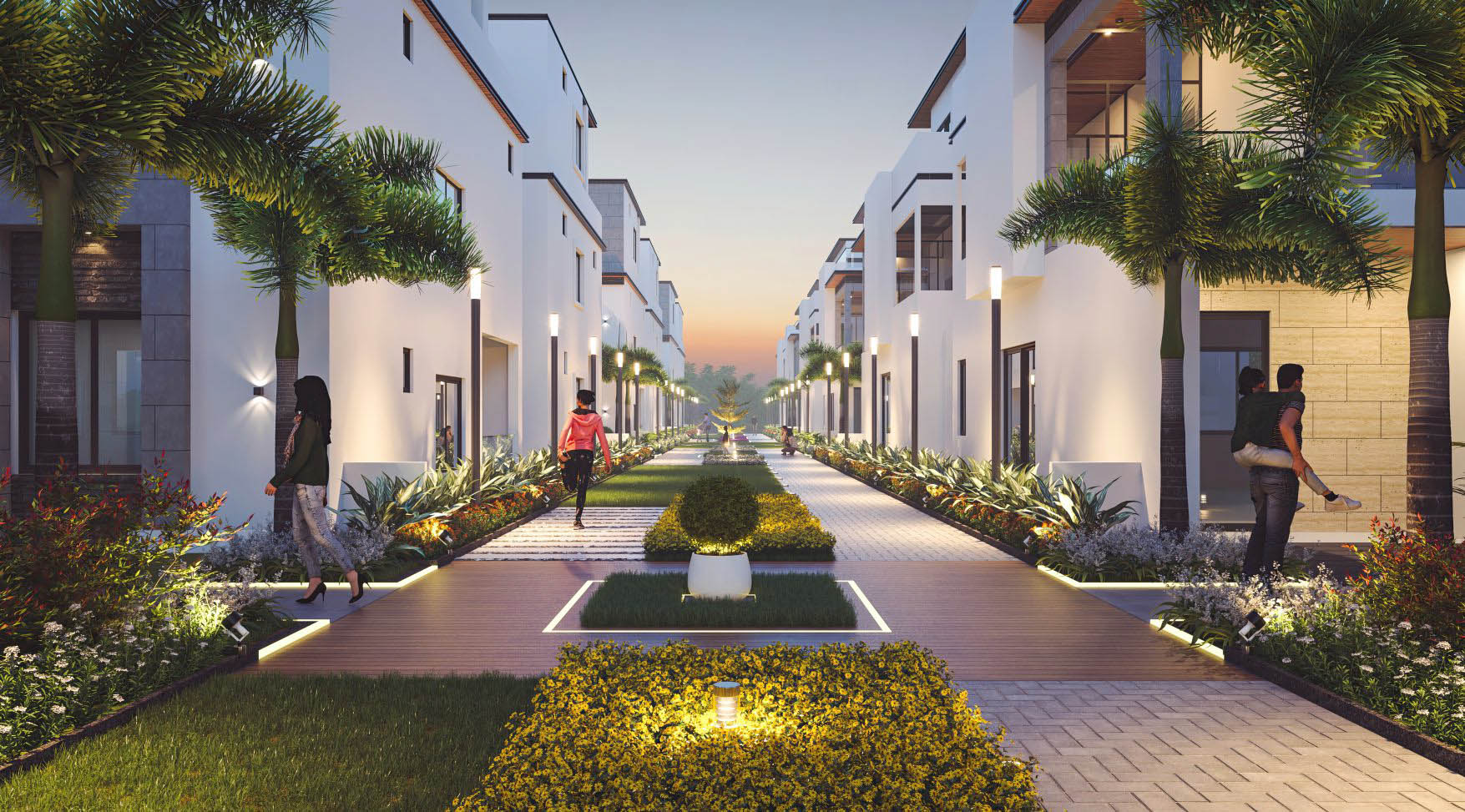 Aditi Urban Ville Tellapur villas main street evening view
