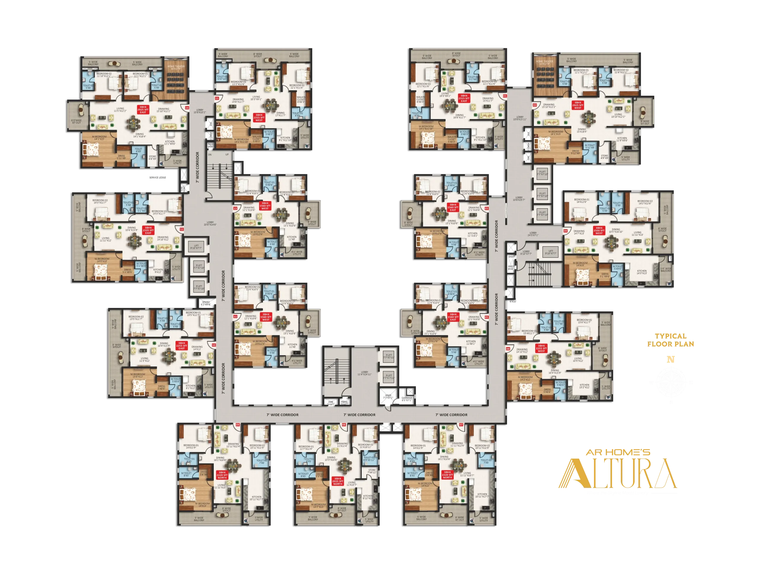 AR Homes Altura Kollur typical floor plan – 3 BHK apartments
