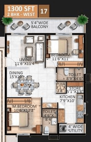 AR Homes Rise Kollur 2 BHK floor plan 1300 sq ft (753 sq ft carpet)