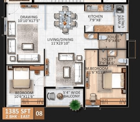 AR Homes Rise Kollur 2 BHK floor plan 1385 sq ft (857 sq ft carpet)