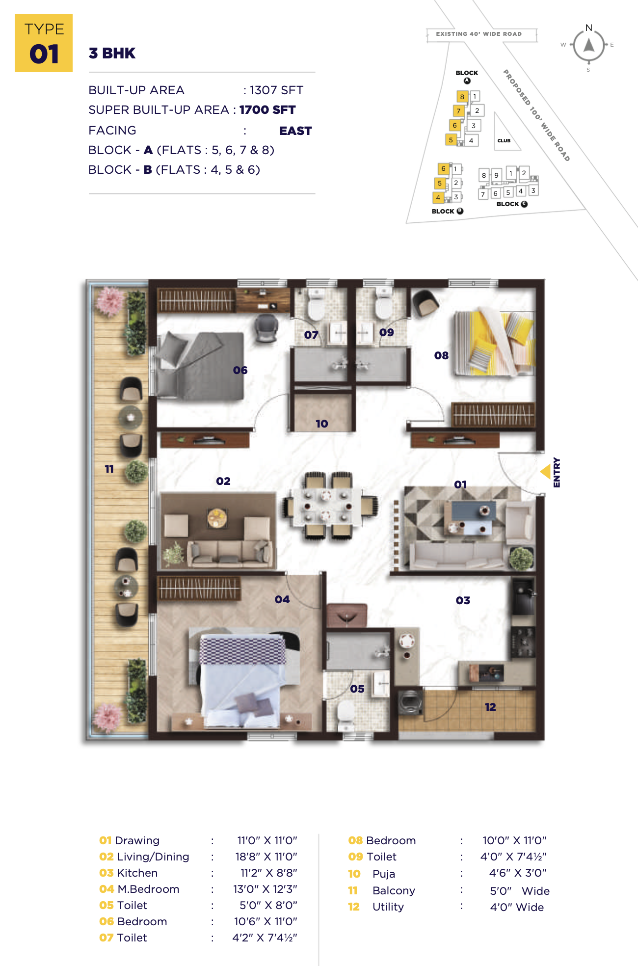 Elegant Nivasa Kollur 3 BHK floor plan 1700 sq ft east facing