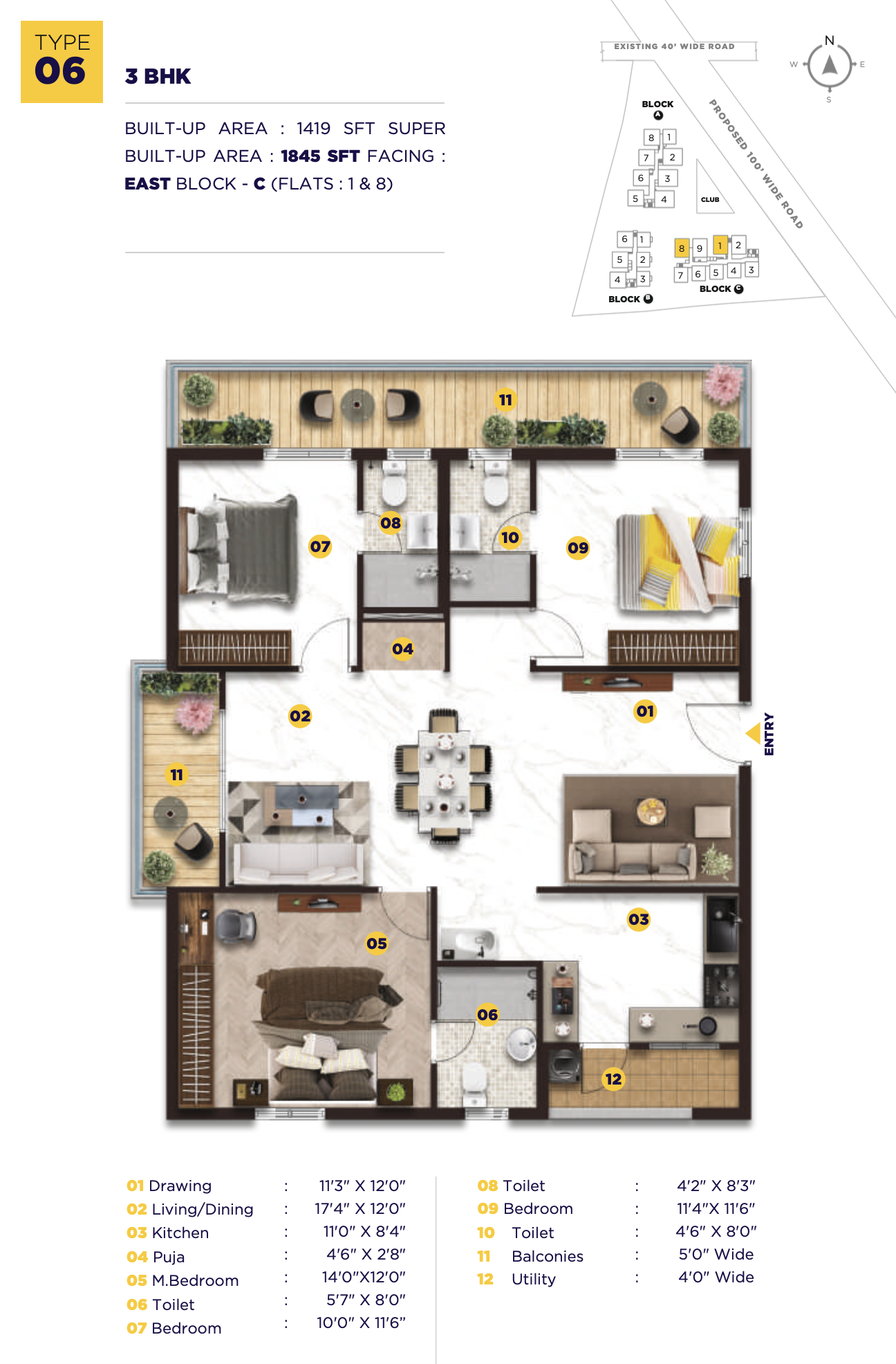 Elegant Nivasa Kollur 3 BHK floor plan 1845 sq ft east facing