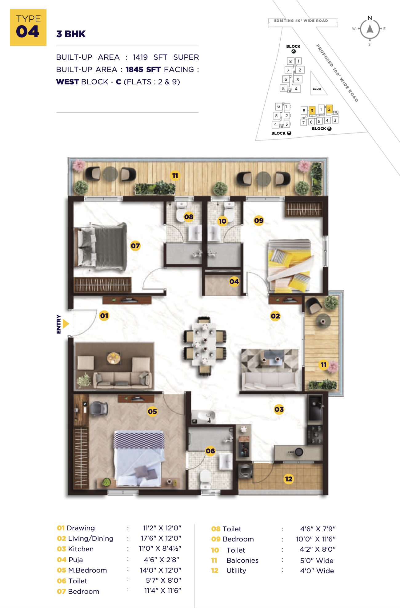 Elegant Nivasa Kollur 3 BHK floor plan 1845 sq ft west facing