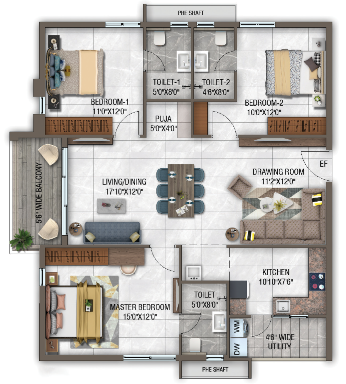 GHR Callisto Kollur 3 BHK floor plan 1625 sq ft east facing