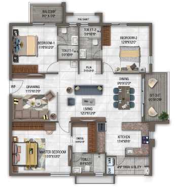 GHR Callisto Kollur 3 BHK floor plan 1915 sq ft west facing