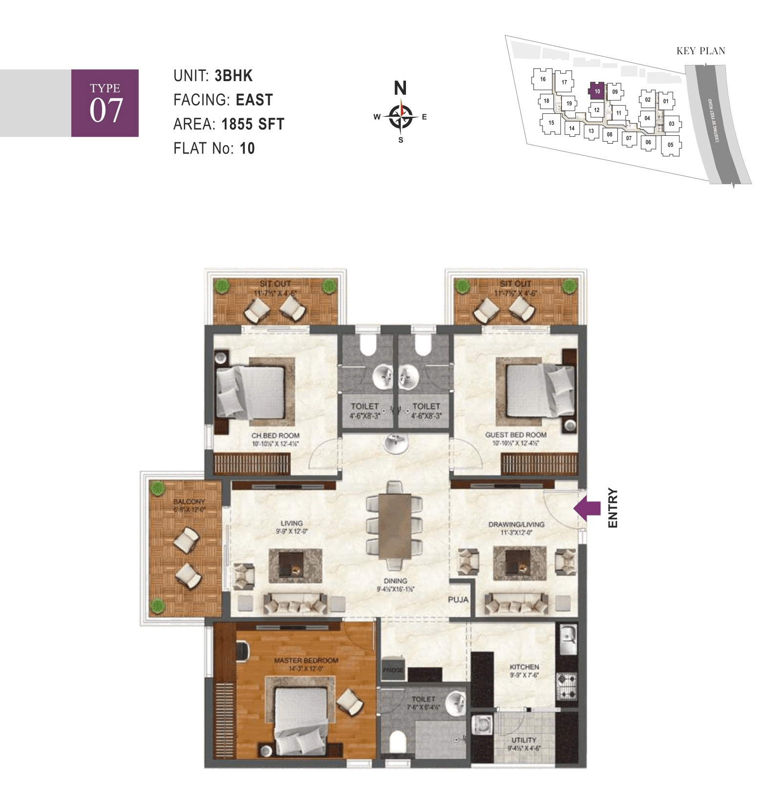 IRA Miracle Kollur 3 BHK floor plan 1855 sq ft