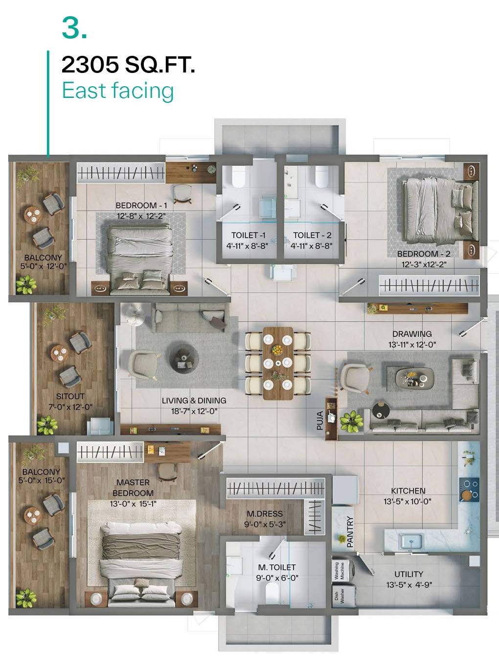 Levonor Egeira Kollur 3 BHK east-facing unit plan type 2