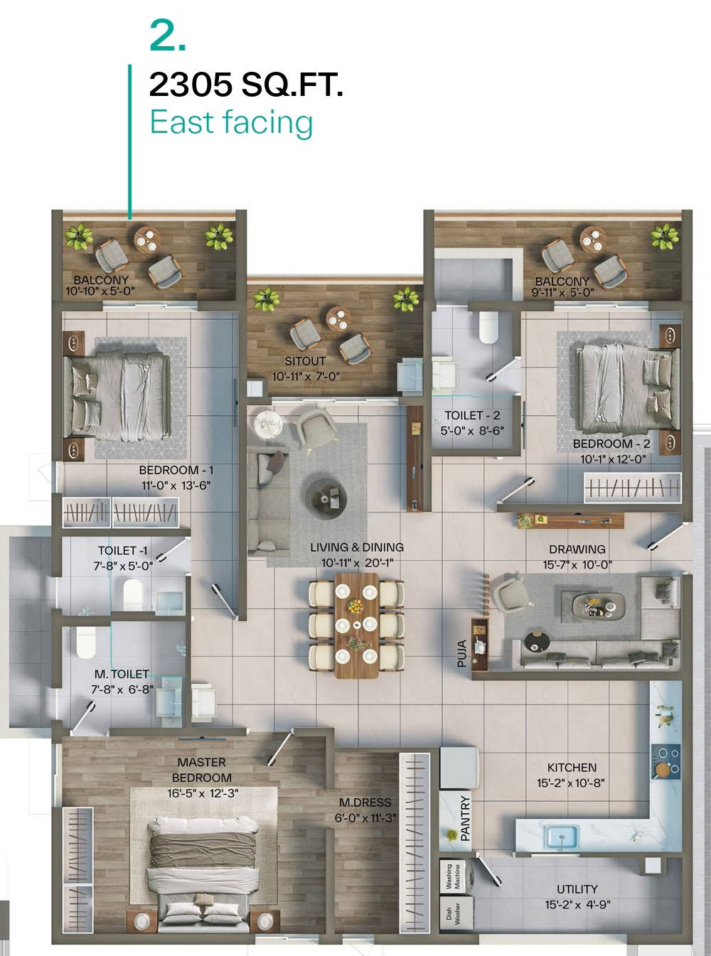 Levonor Egeira Kollur 3 BHK east-facing floor plan