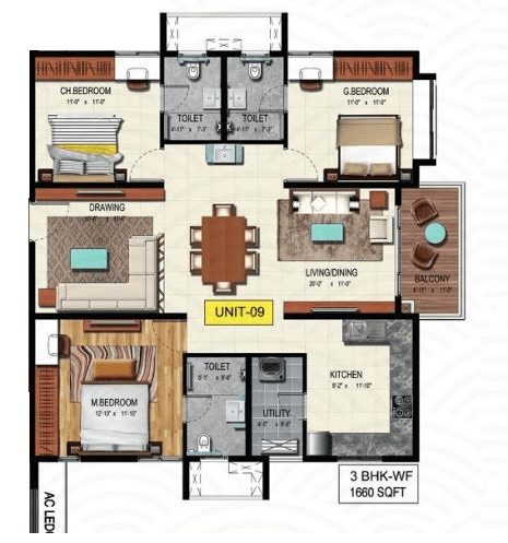 Wave by Raghava Tellapur 3 BHK floor plan 1,660 sq ft