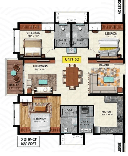 Wave by Raghava Tellapur 3 BHK floor plan 1,680 sq ft