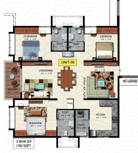 Wave by Raghava Tellapur 3 BHK floor plan 1,760 sq ft