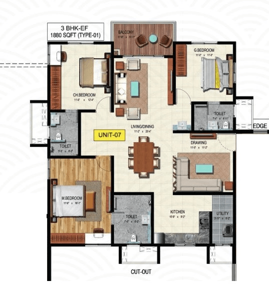 Wave by Raghava Tellapur 3 BHK floor plan 1,880 sq ft