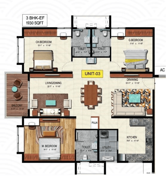 Wave by Raghava Tellapur 3 BHK floor plan 1,933 sq ft