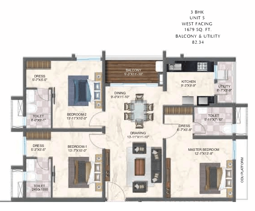 Zuari Gangothri Tribhuja Tellapur 3 BHK floor plan 1679 sq ft