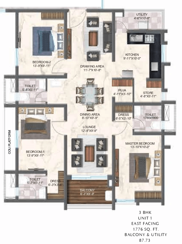 Zuari Gangothri Tribhuja Tellapur 3 BHK floor plan 1776 sq ft