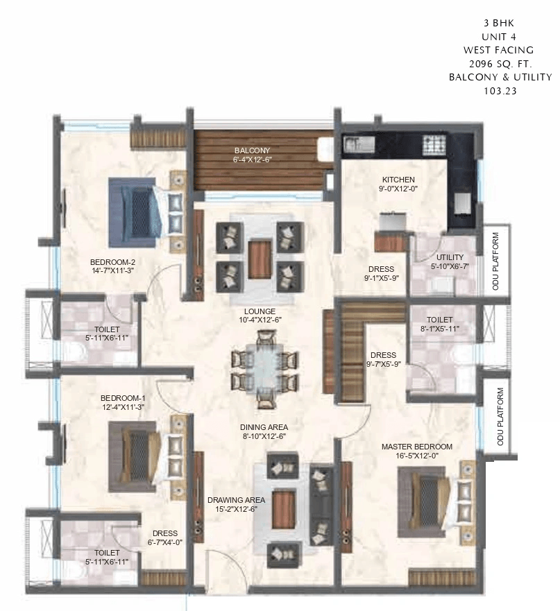 Zuari Gangothri Tribhuja Tellapur 3 BHK floor plan 2096 sq ft