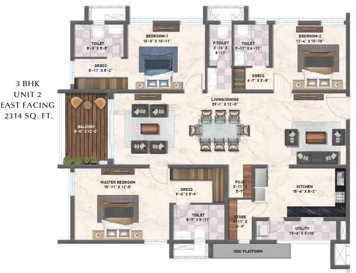 Zuari Gangothri Tribhuja Tellapur 3 BHK floor plan 2314 sq ft